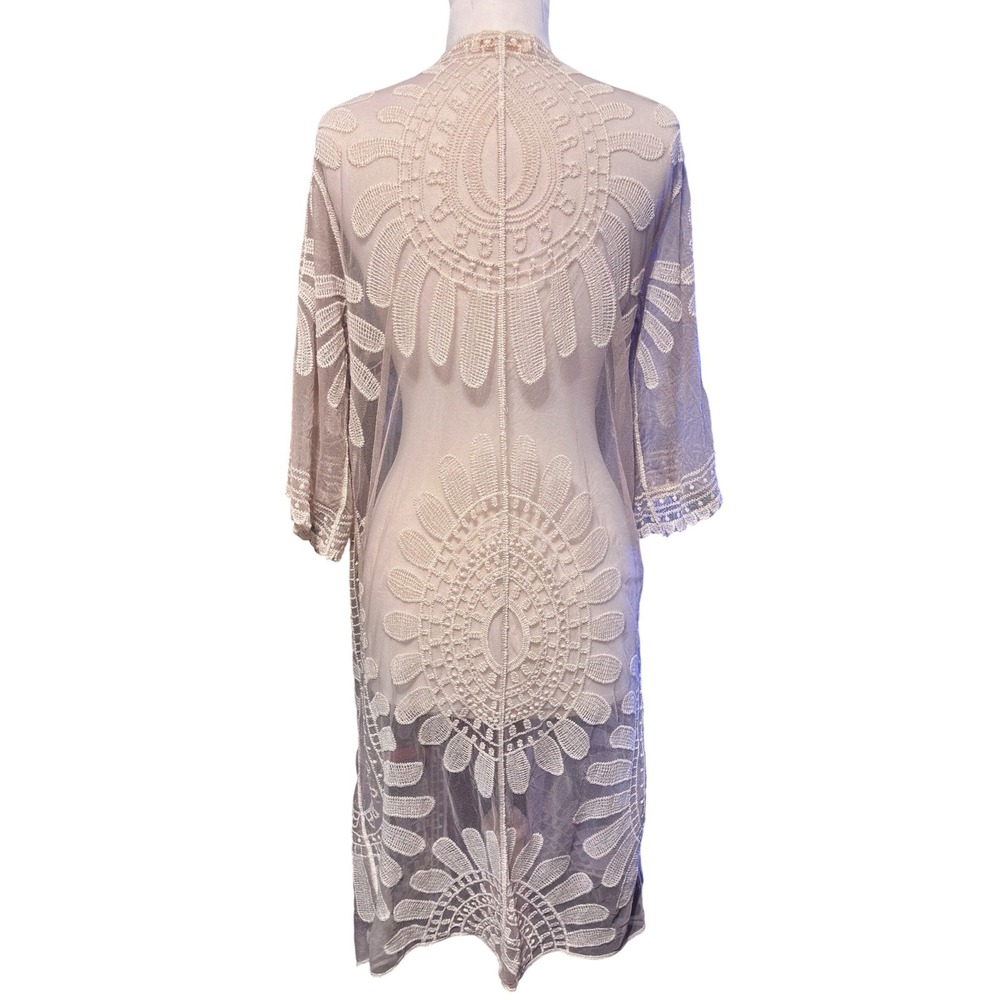 Rebellion Again Duster Cardigan Womens M Beige Excellent‎ Sheer Embroidered Boho
